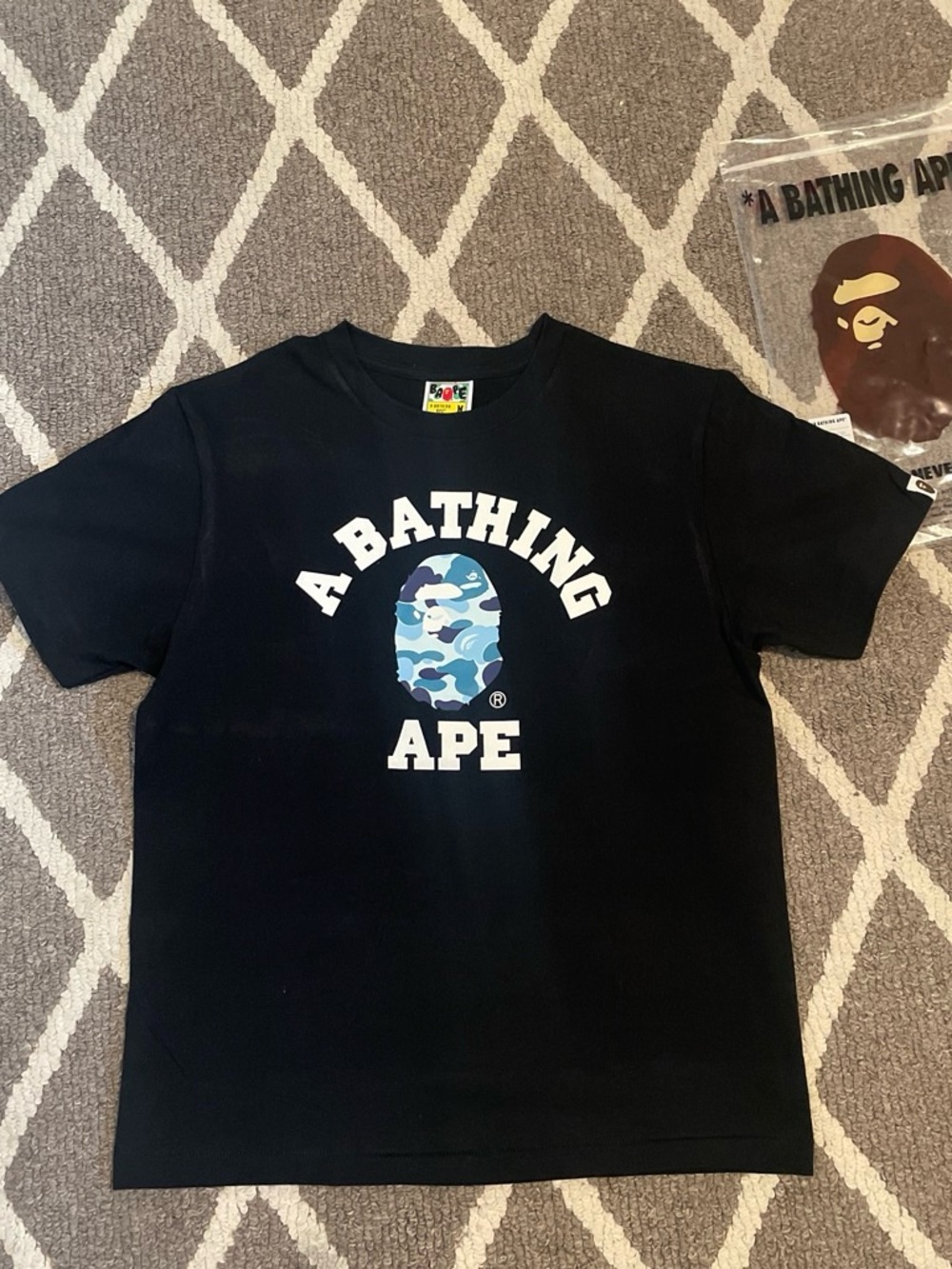 Bape Black Short-Sleeve Tee with Blue Camo Ape Logo